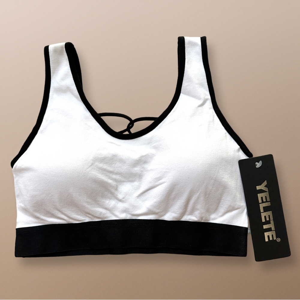 Yelete Criss Cross Sports Bra White Black High Impact Removable Cups S NWT - Picture 2 of 9